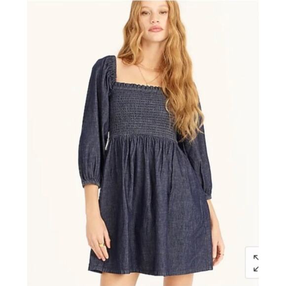 J.Crew Dress Womens X Small Blue Chambray Smocked Puff Sleeve Mini - Picture 1 of 10